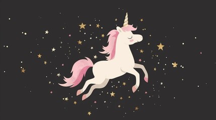 Modern unicorn flying with pink mane and stardust. Suitable for stickers, patch badges, cards, t-shirts, and kids designs.