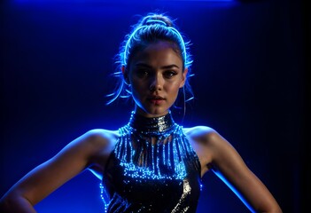 A medium shot of a model girl, looking at the camera, in a silver glitter dress, dancing, illuminated, blue neon lights.