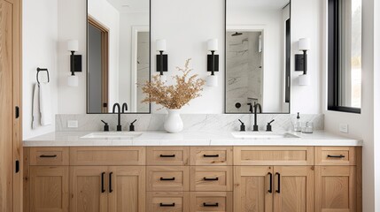 Minimalist double vanity with oak cabinets 