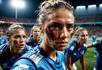 a woman football player, with dirty clothes, dirty face and surrounded by her teammates, in the background the stadium with the lights and the people