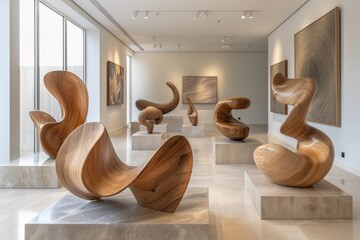 Modern art gallery with elegant wooden sculptures in fluid shapes on display