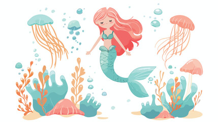 Beautiful little mermaid and jellyfish
