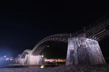 Sheer curtains Kintai Bridge 『錦帯橋とサクラ』夜桜 ライトアップ 山口県岩国   日本観光　Kintai Bridge 　