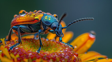 Iridescent Beetle on a Dewy Flower