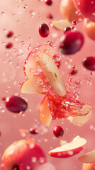 A dynamic beverage composition where a glass of tea infused with slices of apples and cranberries seems to defy gravity, with a splash of liquid and scattered berries around. The coral backdrop 