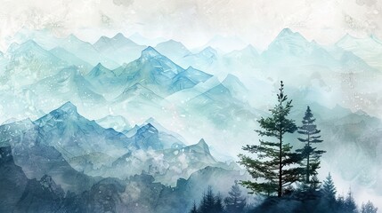 Pastel watercolor landscape of hills and mountains