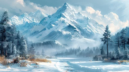 Zelfklevend Fotobehang Pastel watercolor landscape of hills and mountains © Ramon Grosso