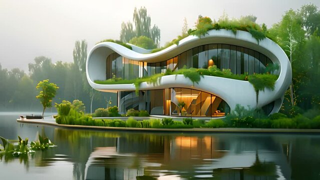 A modern home sits on a lake with trees in the background. Futuristic House on Lake Surrounded by Trees