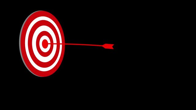 Bow arrows fly on the target animation. Arrow shooting at the target 1 time. Hit a target or goal with an arrow simple loop animation on black background. Aim target with arrow sign.