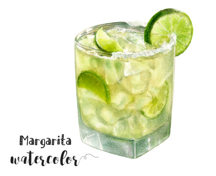 Watercolor illustration of Margarita cocktail drink close up. Design template for packaging, menu, postcards.