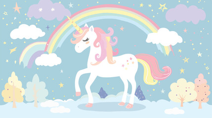 Beautiful pastel unicorn on the background rainbow 