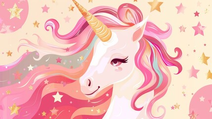Obraz na płótnie Canvas This is a cute modern illustration of a unicorn. A wonderful romantic character surrounded by stars, suitable as a sticker, patch badge, card, t-shirt, or fun design for children.