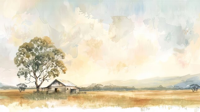 Pastel watercolor landscape of hills and mountains