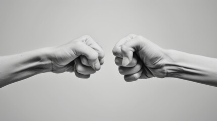 There are two fists with a male and female face colliding on a light background. This is a concept of competition, competition against family, or a family quarrel.