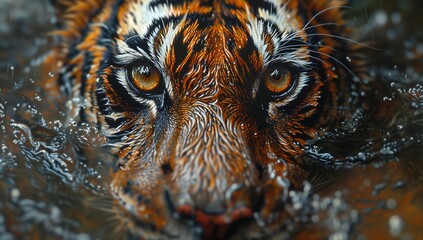 A close up of a Siberian tiger, Felidae family member and Carnivore, swimming in the water. Known...