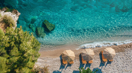 Top view of beach chairs by turquoise sea 