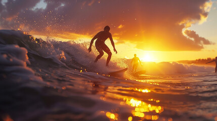Multiracial surfers catching waves during a vibrant sunrise, encapsulating the dynamic energy and cultural diversity of a bustling beach environment.
