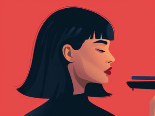 Stylized illustration of a woman with black hair in profile against a red background