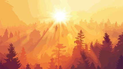 Beautiful sunrise over misty forest with sunlight fil