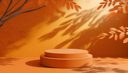 Seasonal Showcase: Pro Beauty Products on 3D Orange Podium with Autumn Tree Shadow