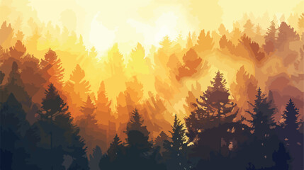 Beautiful sunrise over misty forest with sunlight fil