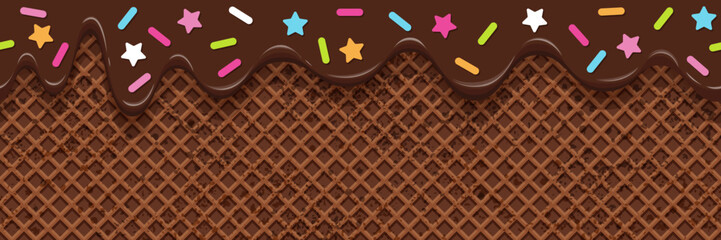 Chocolate melted on a waffle background. Seamless pattern of cake and chocolate wafers texture. Flowing sweet ice cream and colorful sprinkles. Vector illustration - obrazy, fototapety, plakaty