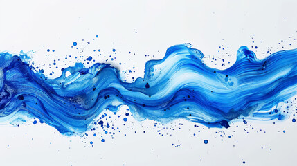 Dynamic and fluid blue watercolor stroke captured in mid-splash, symbolizing the freedom of artistic expression and the serene yet powerful essence white backdrop