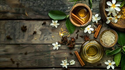 Top view of essential oils with jasmine cinnamon 