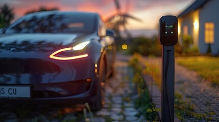 Alternative energy concept.Close up of the Hybrid car electric charger station with power supply plugged into an electric car being charged