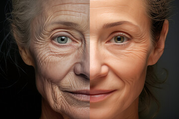 woman's face, half young girl, half old woman. Before and after art design - 787137124