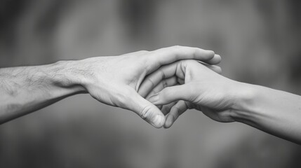Two black and white images of hands connected.
