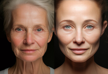 The photo on the left depicts her face extreme wrinkles while the photo on the right reveals a significant glowing skin - 787137173
