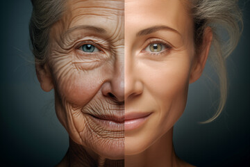 woman's face, half young girl, half old woman. Before and after art design - 787137178