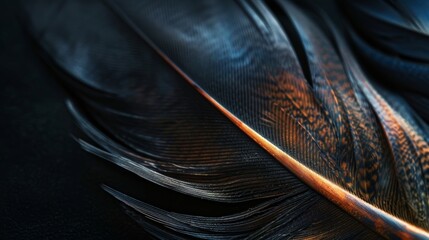 The blade of a bird feather is close-up and isolated on a black background.