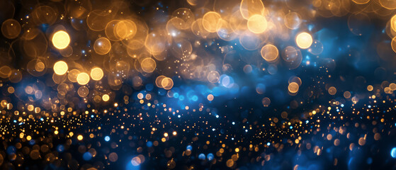 background of sparkling blue and gold bokeh lights, conjuring a sense of magic, festive joy, and the glamorous shimmer of celebratory occasions