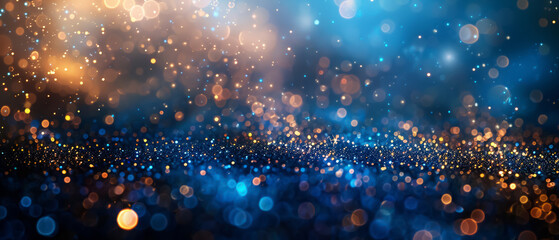 background of sparkling blue and gold bokeh lights, conjuring a sense of magic, festive joy, and the glamorous shimmer of celebratory occasions - obrazy, fototapety, plakaty