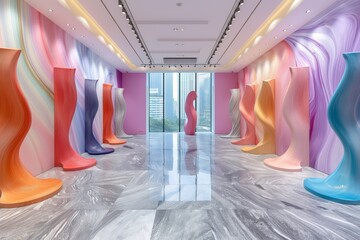 Vibrant, wave-like sculptures line a sleek gallery, leading to a city view - obrazy, fototapety, plakaty