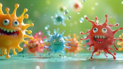 Cartoonish virus characters on wet surface with a vibrant colorful backdrop