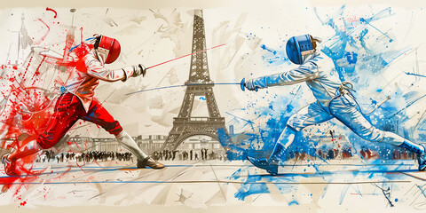 The Olympic Games in Paris France 2024. Athletes fencers with sharp swords or rapiers hold a duel against the background of the Eiffel Tower - obrazy, fototapety, plakaty