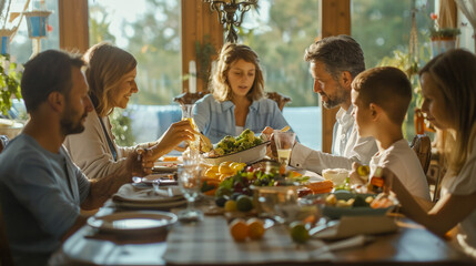 A heartwarming family scene as they gather around a table to enjoy a meal crafted from their own homegrown ingredients, cherishing the farm-to-table experience and family bond.