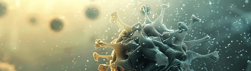 Microscopic View of Viral Particles with a Golden Backdrop and Bokeh Effect - obrazy, fototapety, plakaty