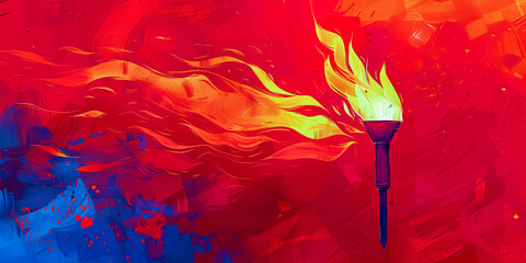The Olympic Games in France in 2024, Paris. Watercolor of the Olympic torch on a red and blue background. Awarding of winners and awarding of awards. Place for the text - obrazy, fototapety, plakaty