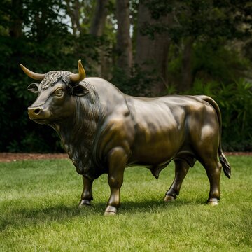 A stunning bronze sculpture of a majestic bull, captured from the side view. The bull's muscular body is perfectly rendered, with each muscle and detail prominent