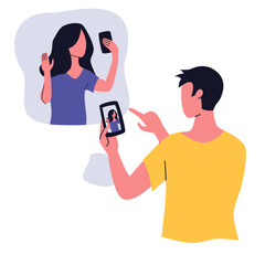 Boy communicates with girl using a video call on the phone. Flat illustration