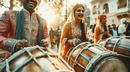 Indian woman and men plays dhol on the street during Baisakhi festival, banner