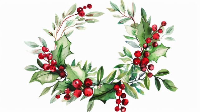 A watercolor holiday wreath of mistletoe with text on white