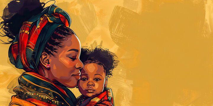 An African-American mother with a baby in her arms. A place for the text. The concept of the day of the abolition of slavery in America, June 19, freedom, heritage and culture. - Powered by Adobe