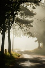 Winding road in the fog morning, sunlight god light. Ambient atmosphere, silhouette of trees