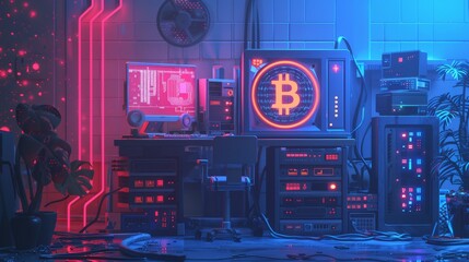 A retrofuturistic room with a computer and a glowing bitcoin symbol.