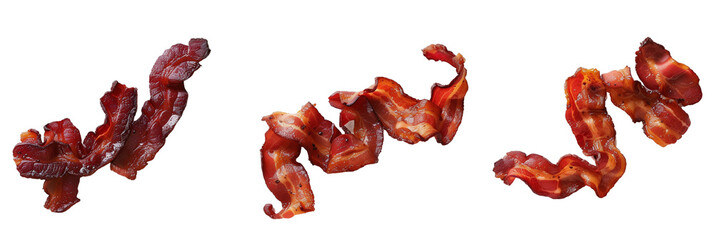 3 different preparations of bacon, each illustrating a different level of crispness, celebrating this beloved breakfast staple, isolated on transparent background - obrazy, fototapety, plakaty